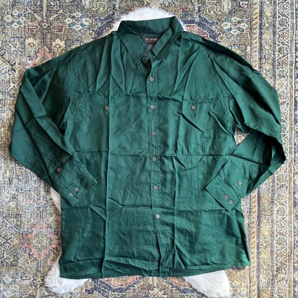 Vintage Surprise Mens Green 100% Silk Button Down Shirt Long Sleeve Size M